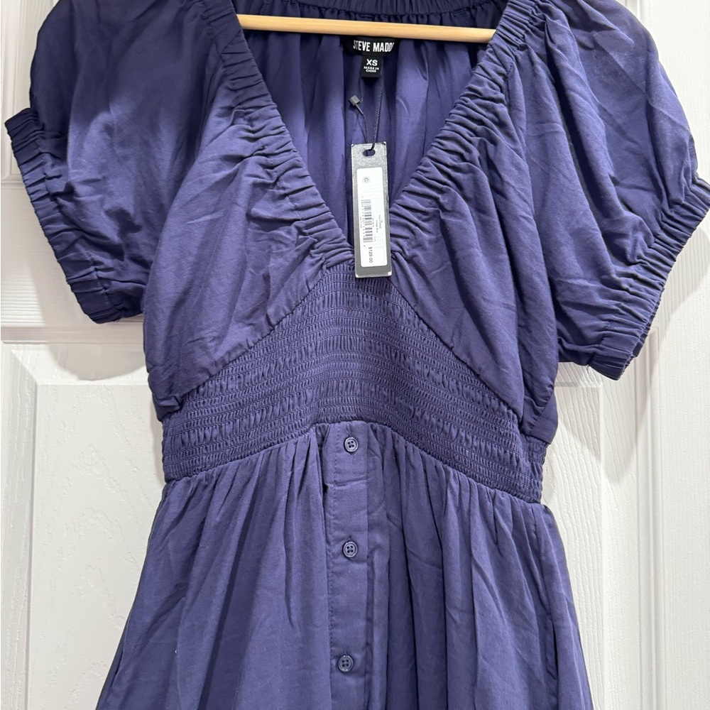 Steve Madden Blue Puff Sleeve V-Neck Midi Dress